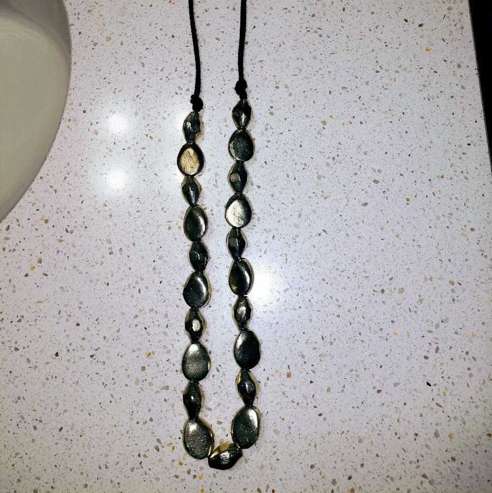 Long Silver Beaded Hammered Necklace